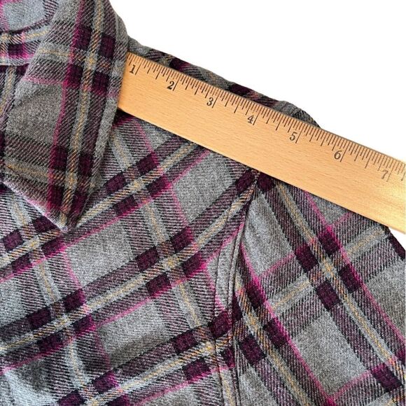 CAbi Highland Flannel Plaid Gray and Purple Button Up Frayed Hem Shirt Size S - Picture 10 of 13